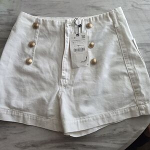 Zara High Waist White Shorts with Gold Buttons